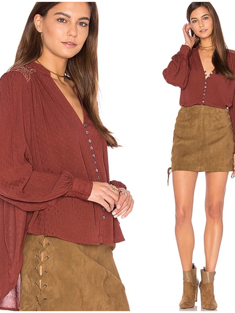 Free People, Canyon Rose Button Down Blouse In Rust, Size Small